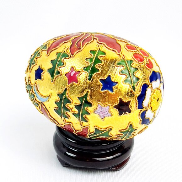 Cloisonne Enameled Brass Christmas Holiday Poinsettia Egg & Stand - Picture 7 of 7